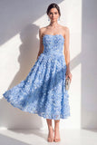 Blue Strapless A-Line Midi Dress with 3D Flowers