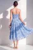 Blue Strapless A-Line Midi Dress with 3D Flowers