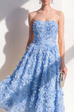 Blue Strapless A-Line Midi Dress with 3D Flowers