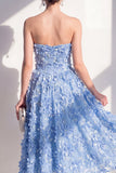 Blue Strapless A-Line Midi Dress with 3D Flowers