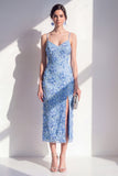 Blue Sheath Spaghetti Straps 3D Flowers Midi Dress with Slit