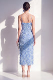Blue Sheath Spaghetti Straps 3D Flowers Midi Dress with Slit