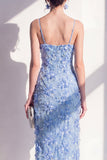 Blue Sheath Spaghetti Straps 3D Flowers Midi Dress with Slit