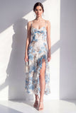 Pink Sheath Chiffon Spaghetti Strapless Ruffled Midi Floral Dress with Slit
