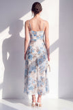 Pink Sheath Chiffon Spaghetti Strapless Ruffled Midi Floral Dress with Slit