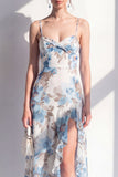 Pink Sheath Chiffon Spaghetti Strapless Ruffled Midi Floral Dress with Slit