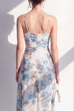 Pink Sheath Chiffon Spaghetti Strapless Ruffled Midi Floral Dress with Slit