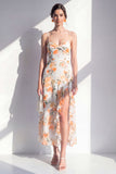 Pink Sheath Chiffon Spaghetti Strapless Ruffled Midi Floral Dress with Slit