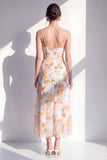 Pink Sheath Chiffon Spaghetti Strapless Ruffled Midi Floral Dress with Slit