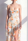 Pink Sheath Chiffon Spaghetti Strapless Ruffled Midi Floral Dress with Slit