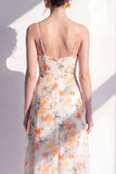 Pink Sheath Chiffon Spaghetti Strapless Ruffled Midi Floral Dress with Slit