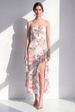 Pink Sheath Chiffon Spaghetti Strapless Ruffled Midi Floral Dress with Slit
