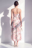 Pink Sheath Chiffon Spaghetti Strapless Ruffled Midi Floral Dress with Slit