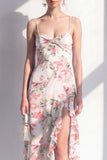 Pink Sheath Chiffon Spaghetti Strapless Ruffled Midi Floral Dress with Slit