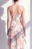 Pink Sheath Chiffon Spaghetti Strapless Ruffled Midi Floral Dress with Slit