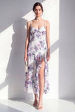 Pink Sheath Chiffon Spaghetti Strapless Ruffled Midi Floral Dress with Slit