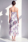 Pink Sheath Chiffon Spaghetti Strapless Ruffled Midi Floral Dress with Slit