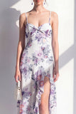 Pink Sheath Chiffon Spaghetti Strapless Ruffled Midi Floral Dress with Slit