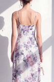 Pink Sheath Chiffon Spaghetti Strapless Ruffled Midi Floral Dress with Slit