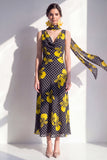 Black Cowl Neck A-Line Polka Dots Chiffon Midi Floral Dress with a Neck Scarf