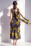 Black Cowl Neck A-Line Polka Dots Chiffon Midi Floral Dress with a Neck Scarf
