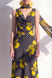 Black Cowl Neck A-Line Polka Dots Chiffon Midi Floral Dress with a Neck Scarf