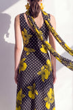 Black Cowl Neck A-Line Polka Dots Chiffon Midi Floral Dress with a Neck Scarf
