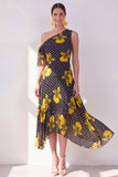 Black Polka Dots One Shoulder A-Line Chiffon Midi Floral Dress