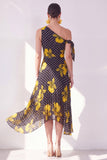 Black Polka Dots One Shoulder A-Line Chiffon Midi Floral Dress