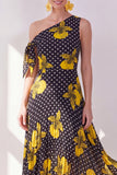 Black Polka Dots One Shoulder A-Line Chiffon Midi Floral Dress
