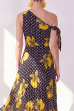 Black Polka Dots One Shoulder A-Line Chiffon Midi Floral Dress