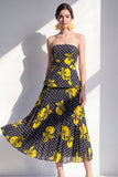 Strapless Black A-Line Polka Dots Chiffon Midi Floral Dress