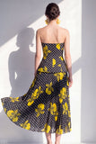 Strapless Black A-Line Polka Dots Chiffon Midi Floral Dress