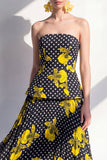 Strapless Black A-Line Polka Dots Chiffon Midi Floral Dress