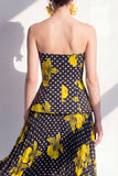 Strapless Black A-Line Polka Dots Chiffon Midi Floral Dress