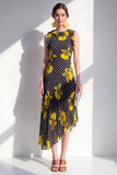 Black Yellow Flower A-Line Round Neck Asymmetrical Midi Chiffon Dress