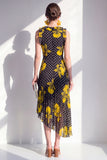 Black Yellow Flower A-Line Round Neck Asymmetrical Midi Chiffon Dress