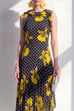Black Yellow Flower A-Line Round Neck Asymmetrical Midi Chiffon Dress