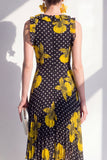 Black Yellow Flower A-Line Round Neck Asymmetrical Midi Chiffon Dress