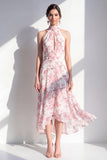 Pink Halter A-Line Chiffon Midi Floral Dress with Keyhole