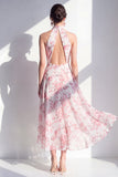 Pink Halter A-Line Chiffon Midi Floral Dress with Keyhole
