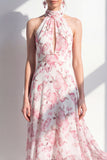 Pink Halter A-Line Chiffon Midi Floral Dress with Keyhole