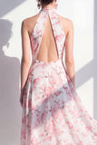 Pink Halter A-Line Chiffon Midi Floral Dress with Keyhole