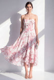 Pink A-Line Strapless Printed Chiffon Midi Floral Dress