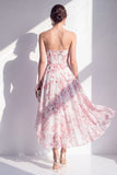 Pink A-Line Strapless Printed Chiffon Midi Floral Dress
