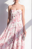 Pink A-Line Strapless Printed Chiffon Midi Floral Dress