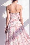 Pink A-Line Strapless Printed Chiffon Midi Floral Dress