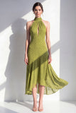 Olive A-Line Halter Neck Midi Dress with Keyhole