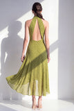 Olive A-Line Halter Neck Midi Dress with Keyhole