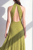 Olive A-Line Halter Neck Midi Dress with Keyhole